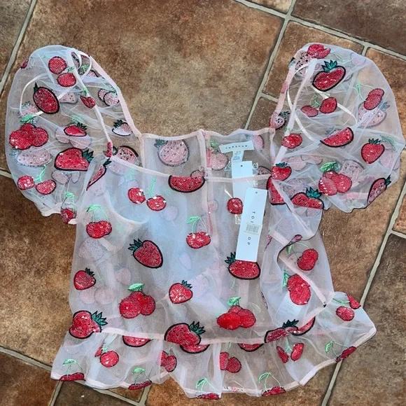 TOPSHOP Womens Size 10 Strawberry Cherry Sequin Tie Back Top Pink Sheer - Picture 4 of 4